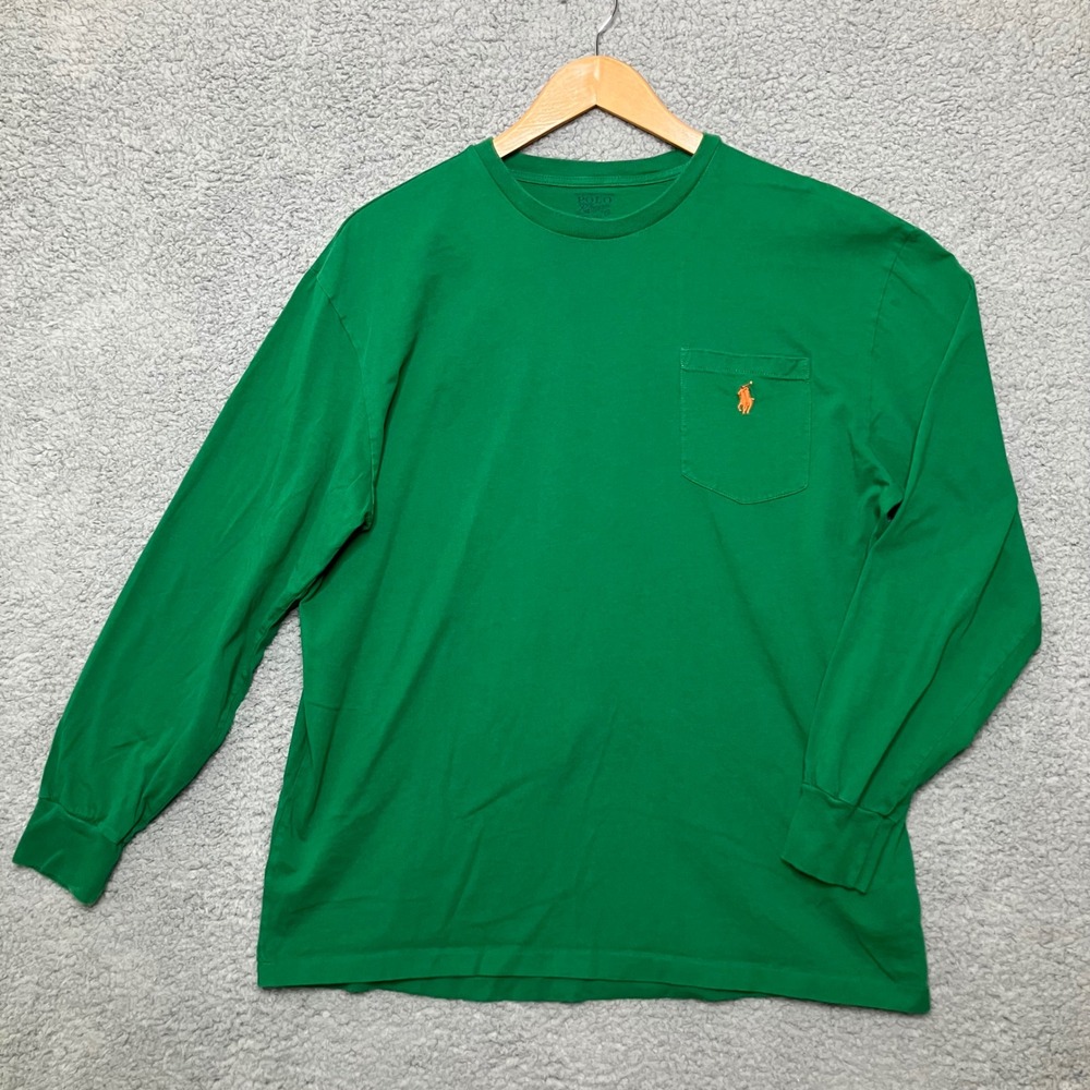 Polo Ralph Lauren Long Sleeve T-Shirt Men M Green Orange Pony Logo Pocket Y2K